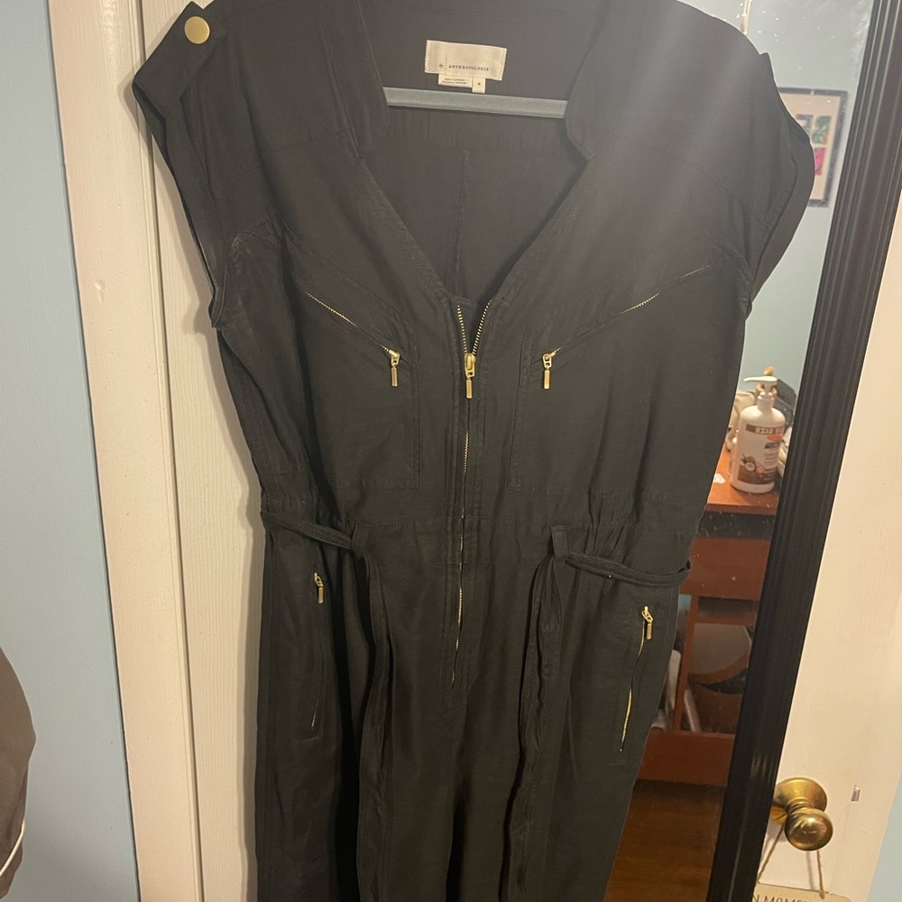 anthropologie black utility jumpsuit with gold hardware